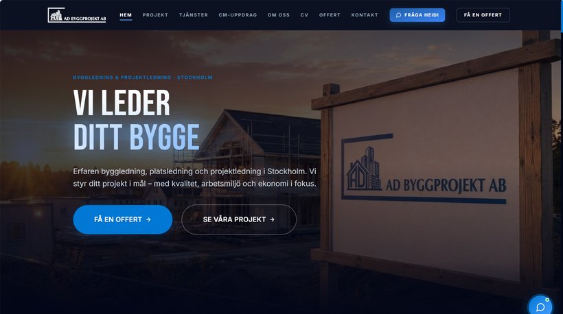 Hemsida för AD Byggprojekt Stockholm AB – byggledning och projektledning, byggd av AiM Studios