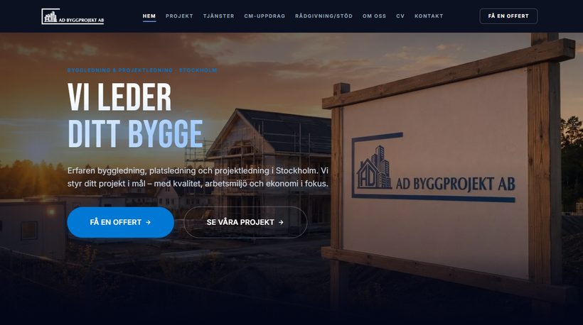 Hemsida för AD Byggprojekt Stockholm AB – byggledning och projektledning, byggd av AiM Studios